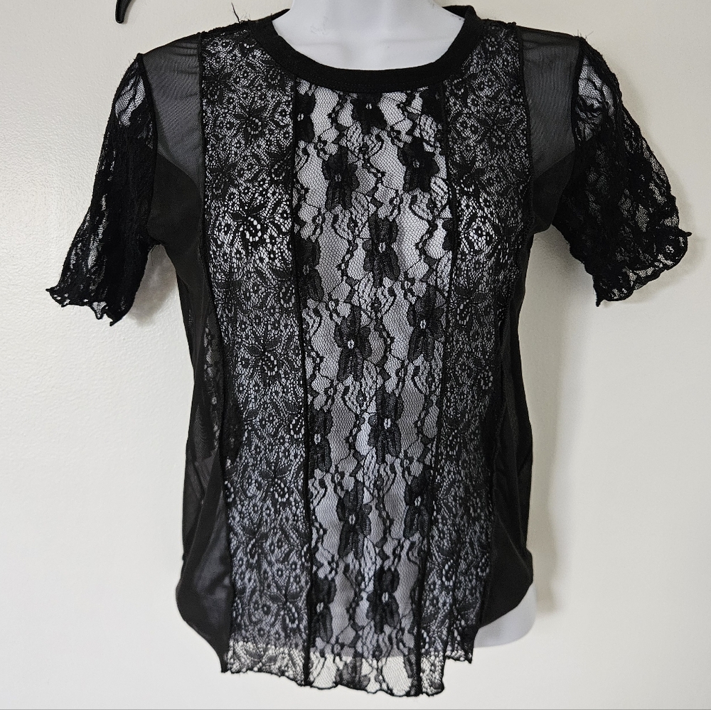 Sheer Womens Top L Whimsigoth Y2K Mesh Fairy Grunge Gothic Layering Patchwork